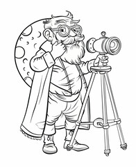 Cartoon Character with Camera and Telescope, Standing in Front of Moon Illustration