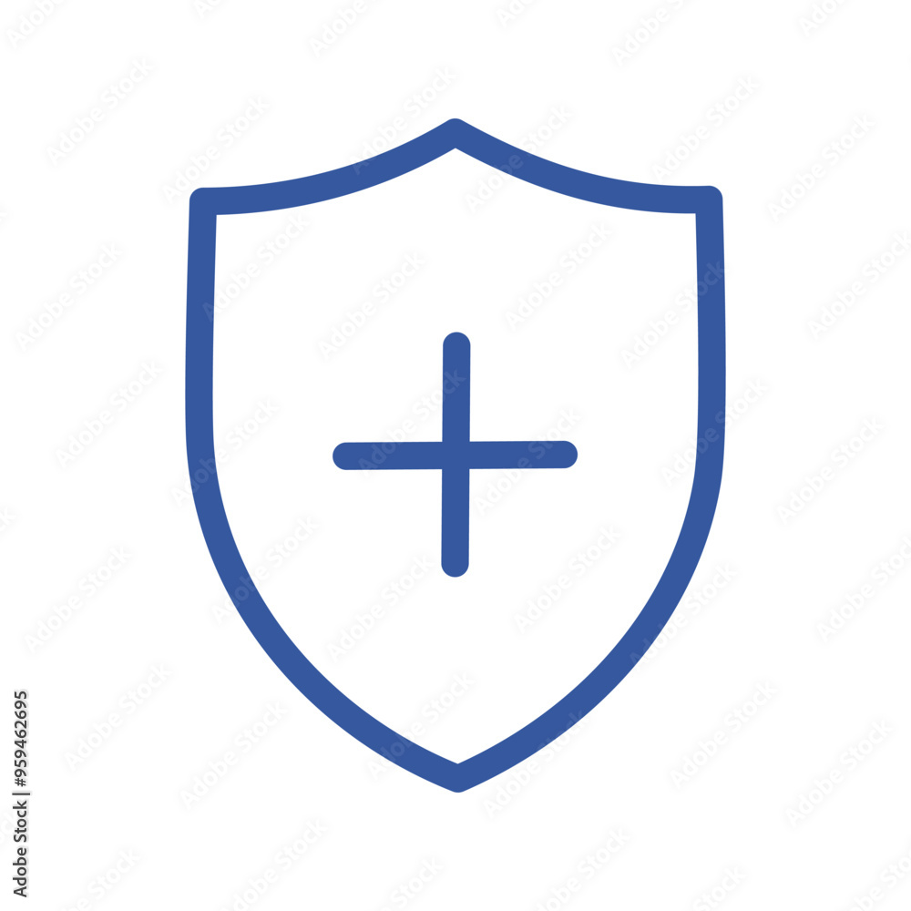 Poster shield plus icon. blue shield icon with a plus sign inside. represents protection and addition.