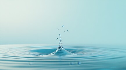 A single water drop creates a crown-shaped splash with ripples radiating out on a blue background.