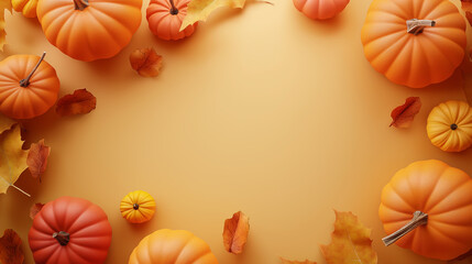 A close up of a pumpkin patch with a yellow background. The pumpkins are of various sizes and colors, and the leaves are scattered around them. Concept of warmth and abundance