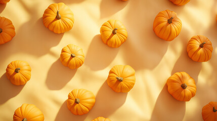 A close up of many orange pumpkins on a yellow background. The pumpkins are arranged in a pattern, with some overlapping and others standing alone. Scene is warm and inviting