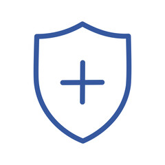 Shield plus icon. Blue shield icon with a plus sign inside. Represents protection and addition.