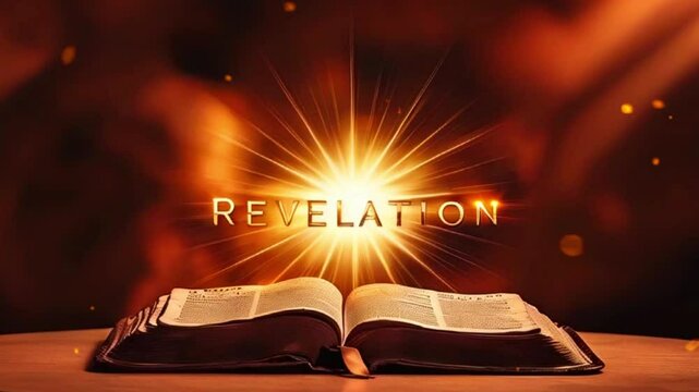 Open Bible with glowing light and the word "Revelation" above.