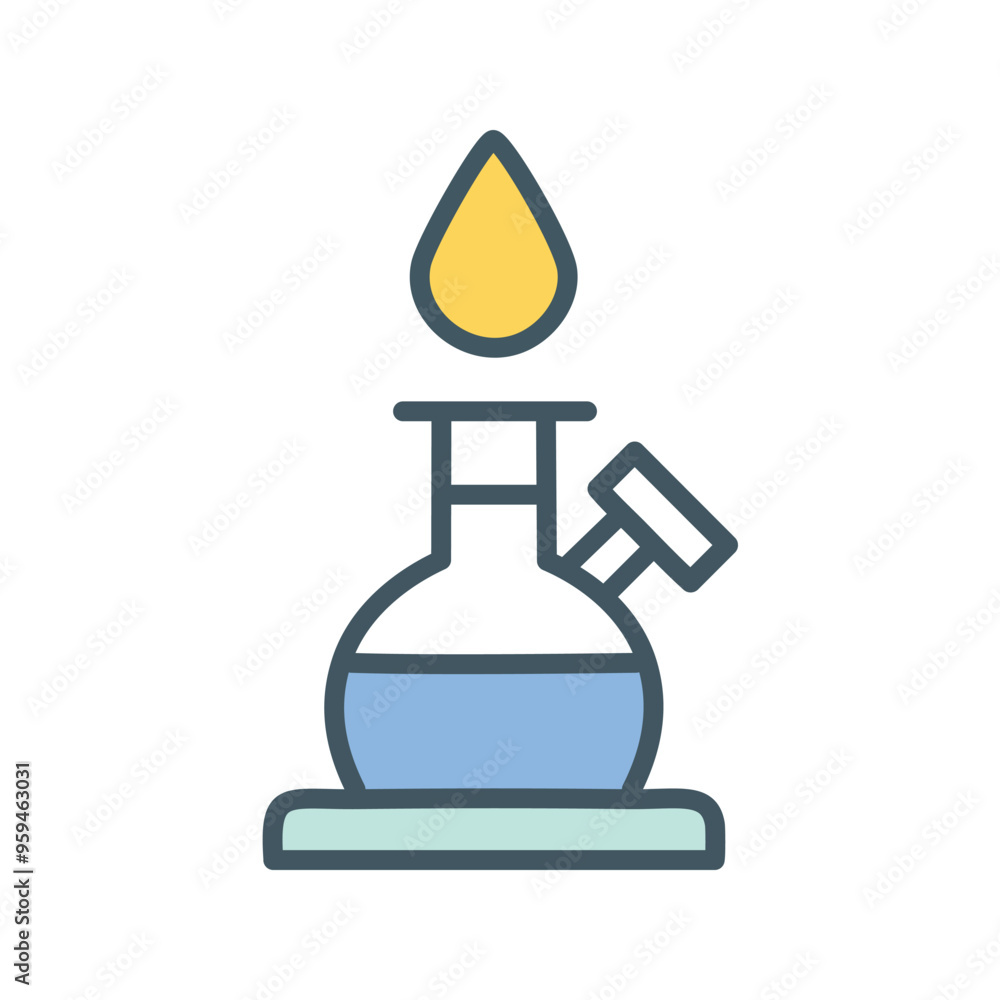 Poster lab flask heating. a lab flask with a liquid solution is being heated by a flame. this symbolizes sc