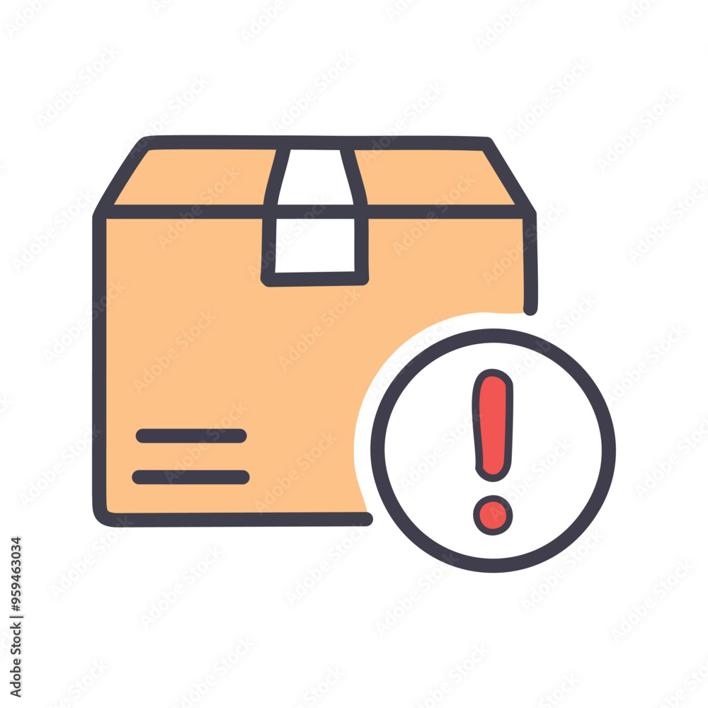 Poster package issue. delivery problem with a package, showing an exclamation mark. delivery, shipping, war