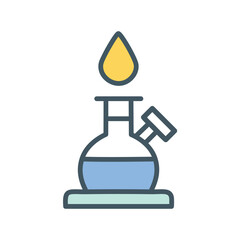 Lab flask heating. A lab flask with a liquid solution is being heated by a flame. This symbolizes scientific progress and experimentation.