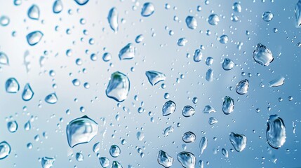 07250736 57. Artistic illustration of clear water drops scattered on a glass pane, capturing the intricate details of each droplet's shape and the way they refract light