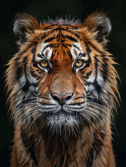 Fototapeta premium Close-up of a majestic tiger's face with striking eyes and wet fur, set against a dark background