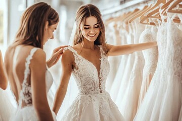 Naklejka premium A bride-to-be is trying on a wedding dress with the help of her friends at the bridal shop