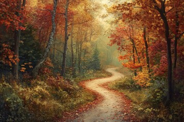 Naklejka premium A winding dirt path leads through a misty autumn forest, with vibrant red, orange, and yellow leaves.