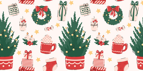Seamless pattern with the image of Christmas elements. Christmas tree, sock, gifts, Christmas wreath, candles. Flat vector illustration.