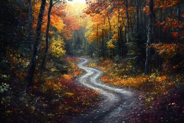 Obraz premium A winding dirt road through an autumn forest, with vibrant fall foliage and a mystical glow in the distance.