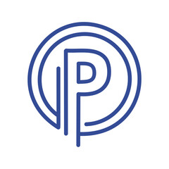 Circle letter p logo. Blue outline circle with letter P inside. Suitable for branding, identity, and marketing.