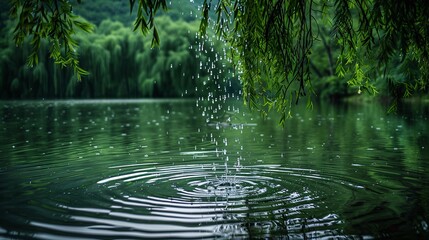 Fototapeta premium 07250736 71. Peaceful green nature landscape viewed from under the shade of a willow tree on a rainy day by the riverside, with droplets creating gentle ripples in the water, capturing the serene