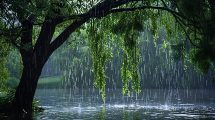 07250736 73. Serene nature landscape featuring a view from beneath a willow tree during a rainy day, with vibrant green foliage and gentle rain creating a soothing atmosphere by the riverside