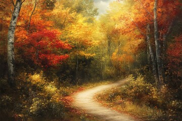 Obraz premium A winding path through a colorful autumn forest with vibrant red, orange, and yellow leaves.