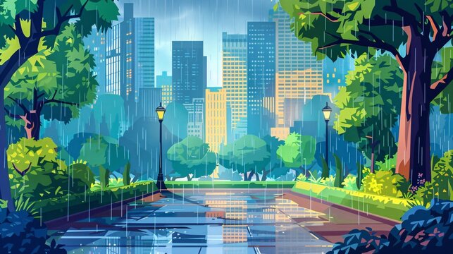 07250736 78. Modern 2D city landscape with a layered public garden in the foreground, depicted in a parallax style, capturing the essence of a rainy spring day with a vibrant and lush urban setting