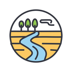 River landscape icon. Simple, minimalist illustration of a river winding through a rural landscape. Perfect for nature-related projects.