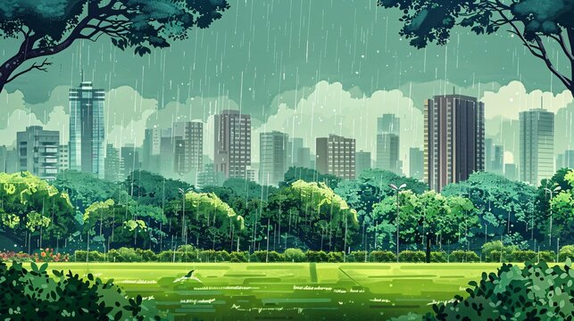 07250736 80. Contemporary 2D illustration of a city with a public garden layered in a parallax background, showcasing a rainy weather scene with fresh greenery and a modern urban atmosphere