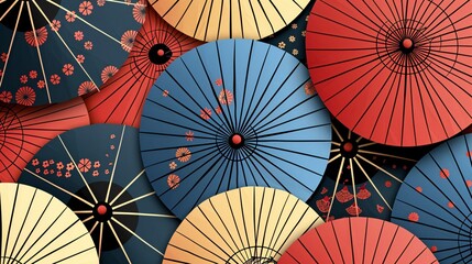 07250736 85. Intricately designed seamless pattern of Japanese umbrellas, showcasing traditional aesthetics, ideal for a stylish and cohesive rainy season poster, card, or background