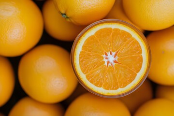 A top-down view of a bunch of ripe oranges with one cut in half, highlighting the bright, juicy interior of the fruit.
