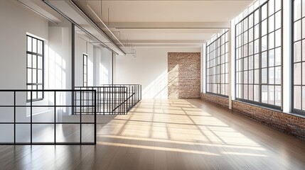 Obraz premium Modern Loft Interior with Exposed Brick Wall and Large Windows