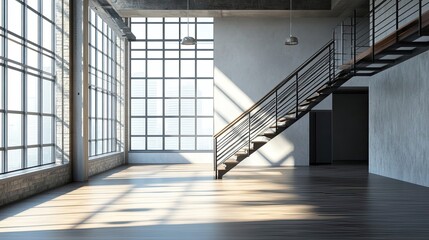 Obraz premium Modern Loft Interior with Staircase and Large Window