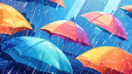 07250736 87. Detailed vector illustration of umbrellas in a rainy setting, ideal for creating engaging banners, cards, flyers, and social media wallpapers, with a playful and lively aesthetic