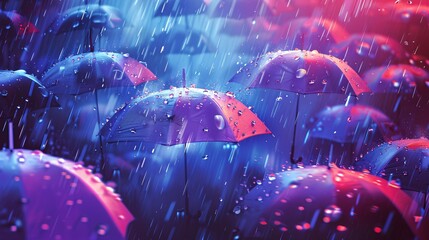 07250736 88. Eye-catching vector background with various umbrellas in the rain, designed for use in banners, cards, flyers, and social media wallpapers, featuring a harmonious blend of colors and