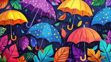Obraz premium 07250736 90. Vibrant vector background showcasing umbrellas in the rain, perfect for promotional banners, greeting cards, event flyers, and social media wallpapers, with a cheerful and energetic
