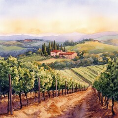 Naklejka premium A tranquil landscape featuring rolling vineyards and a rustic farmhouse under a beautiful sunset sky, perfect for nature lovers.