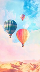 Fototapeta premium Colorful hot air balloons soar above a serene landscape, creating a picturesque scene of adventure and tranquility in the sky.