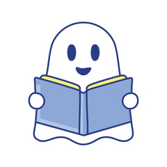 Ghost reading book. Cute ghost character reading a book, symbolizing the joy of learning and knowledge. Ideal for educational and literary designs.