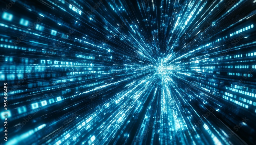 Poster Abstract blue digital binary code background with motion blur effect.
