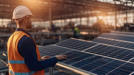 Solarpowered factory with industrial engineers optimizing sustainable automation systems