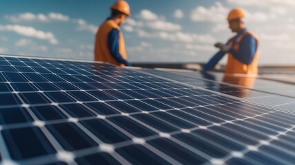 Solarpowered factory with industrial engineers optimizing sustainable automation systems