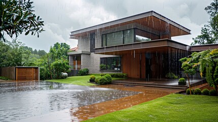 07250736 103. A modern house with a sloped roof in a suburban neighborhood, rain pouring down heavily, water running down the roof into the gutters, and puddles forming on the ground below