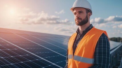 Industrial engineer overseeing a fully automated, sustainable production line, focus on renewable energy use