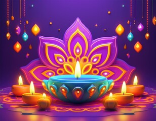 A festive scene of glowing diyas and a mandala in celebration of Diwali