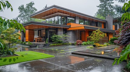 07250736 103. A modern house with a sloped roof in a suburban neighborhood, rain pouring down heavily, water running down the roof into the gutters, and puddles forming on the ground below