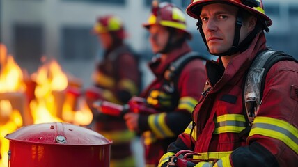 Firefighters in a station s training area, practicing with extinguishers on dummy fires