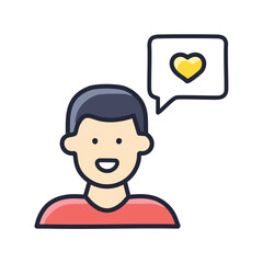 Happy man heart speech bubble. Illustration of a man with a speech bubble with a heart inside. Shows affection, positive emotion, and a happy message.