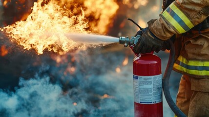 Firefighter using a fire extinguisher during an emergency drill, flames and smoke in a controlled setting
