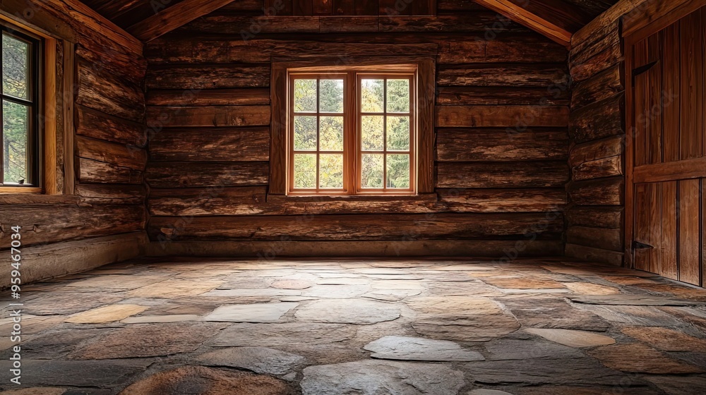 Poster empty room with stone floor and window in a log cabin