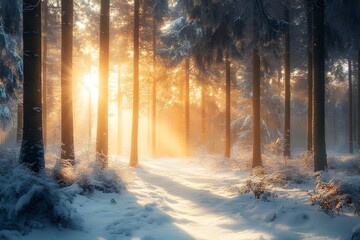 A serene image of a dense forest blanketed in snow with the sunlight streaming through the trees, creating a magical winter wonderland