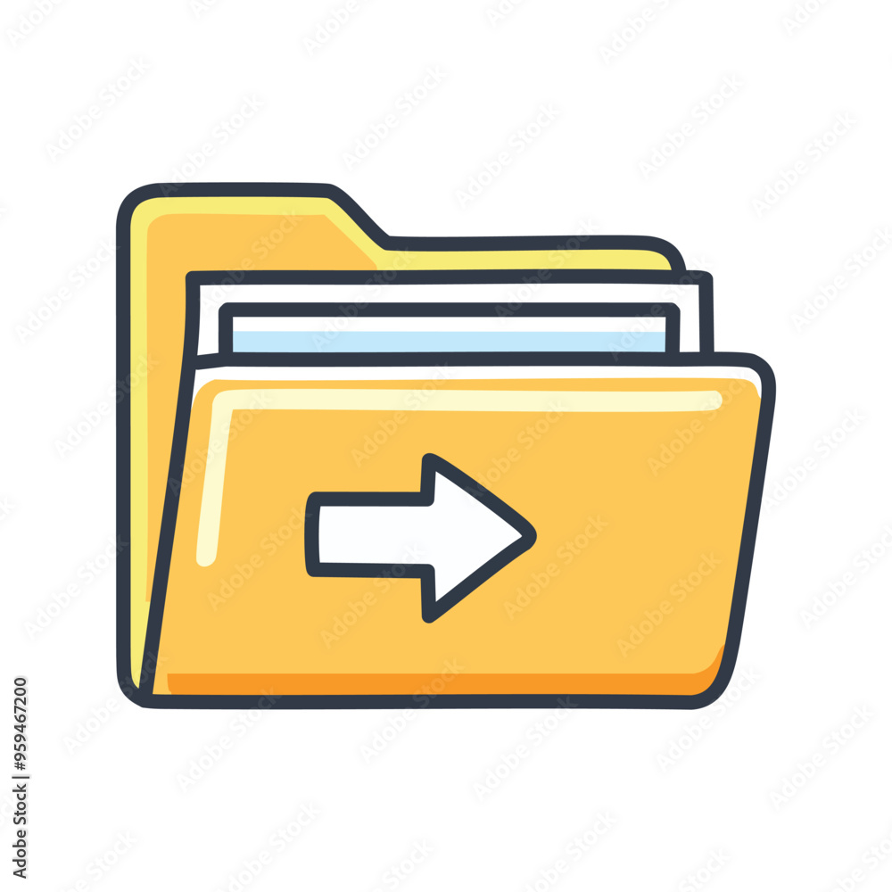 Poster move folder icon. yellow folder icon with white right arrow, indicating file transfer or data migrat