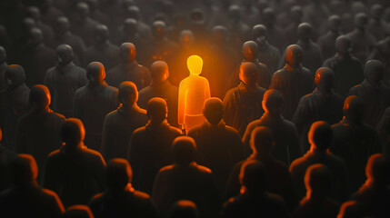 Obraz premium Single illuminated figure standing out among a crowd in a dark environment