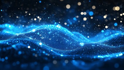 Abstract blue digital wave with glowing particles and bokeh.
