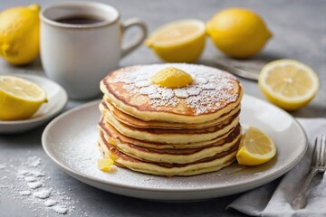 Lemon Ricotta Pancakes: Overhead view of a stack of lemon ricotta pancakes on a plain white plate, topped with a light sprinkle of powdered sugar and lemon slice for garnish.
