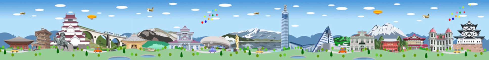 名所旧跡観光地イラスト横並び　背景付き東北編